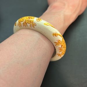 Vintage Wooden Bangle Bracelet, Painted, Floral, Gold, Cream, Retro, Boho
